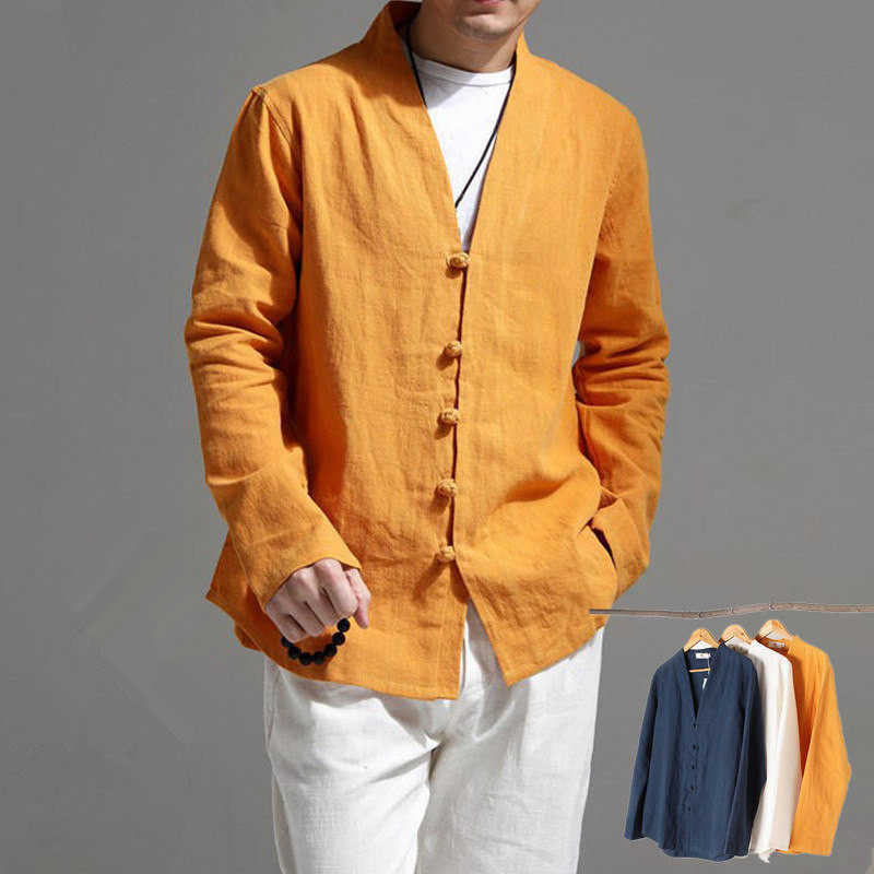 Spring Autumn Season China Wind Cotton Hemp Men's Clothing National Wind Disc Buckle Linen Casual Long Sleeve Blouse Blouse Tea Zen Dress Shirt Jacket