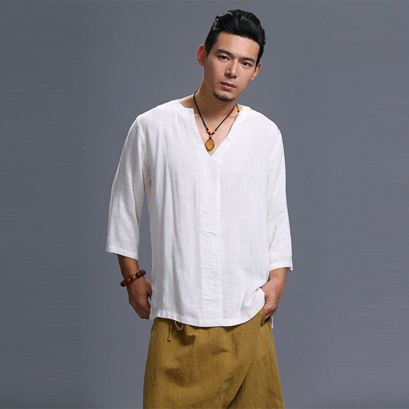 Chinese wind summer ultra-thin men's cotton linen short sleeves T-shirt loose V collar casual pure linen loose blouse men's clothing