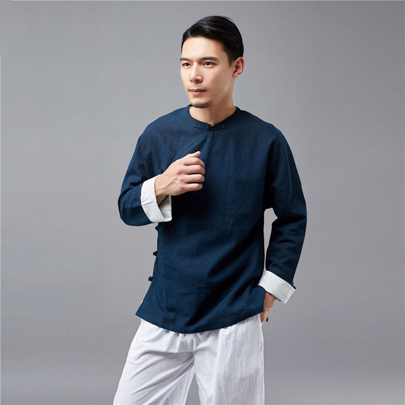China Feng Chun Summer round-collar flat-fitted coat retro-disc Chinese tea-suit male sleeve shirt