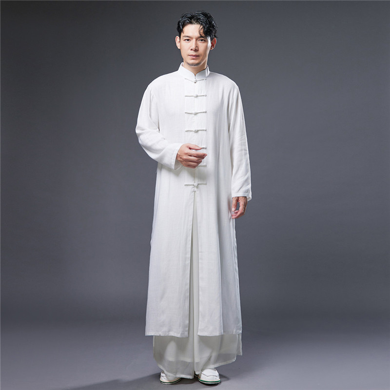 Men's Hanfu Style Long Shirt with a Fairy-Like, Elegant, Thin, Breathable, Solid Color, Chinese Style, Linen, Vintage Style for Men, Suitable for Spring and Summer