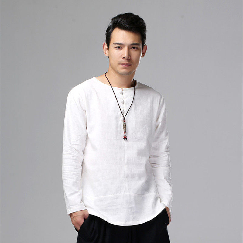 Tea man served male Chinese style Zen suit pure color T-shirt handmade disc buckle round collar long sleeve pure hemp beating undershirt spring summer