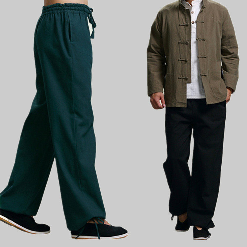 Spring Summer Cotton Linen Light Cage Pants Chinese Style National Wind Male Style Casual Linen Straight Drum Long Pants Wide Leg Pants Tightness Waist Large Size