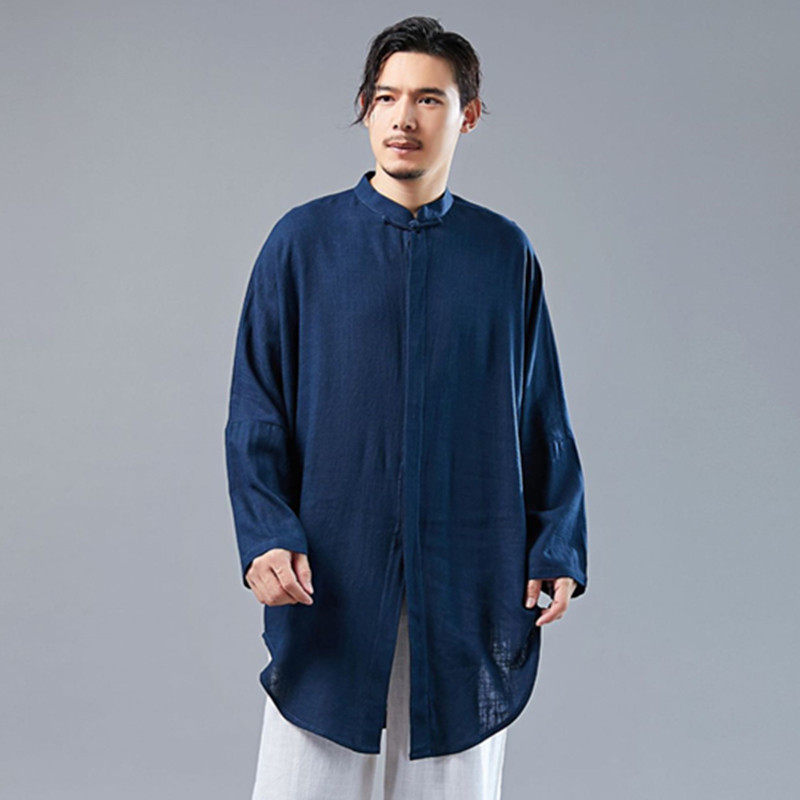Spring Summer Season China Wind Men's Clothing Chinese Vintage Retro-Style Long Shirts Medium Long Version Long Sleeves Loose Cotton Linen Shirts Zhongshan Clothing