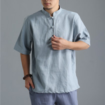 New Chinese Mens Clothing Summer New Retro Casual Standout Collar Fashion Tide Disc Buckle Middle Sleeve Short Sleeve Loose T-Shirt Pure Hemp