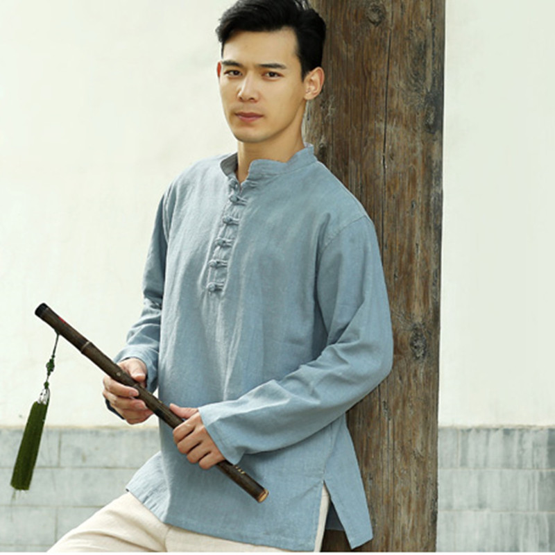 2022 Spring new men's national wind cloth buttoned blouses Hemp Casual Long Sleeve Retro art Curse T-Shirt