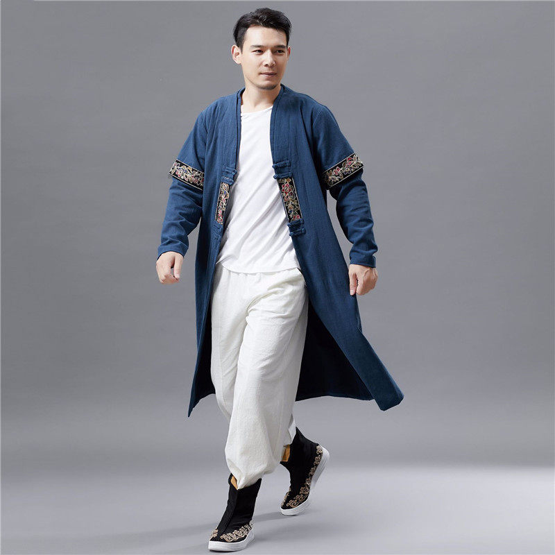 Spring and autumn ethnic style original men's clothing new style embroidered stitching mid-length windbreaker gown jacket vintage Taoist robe tea service