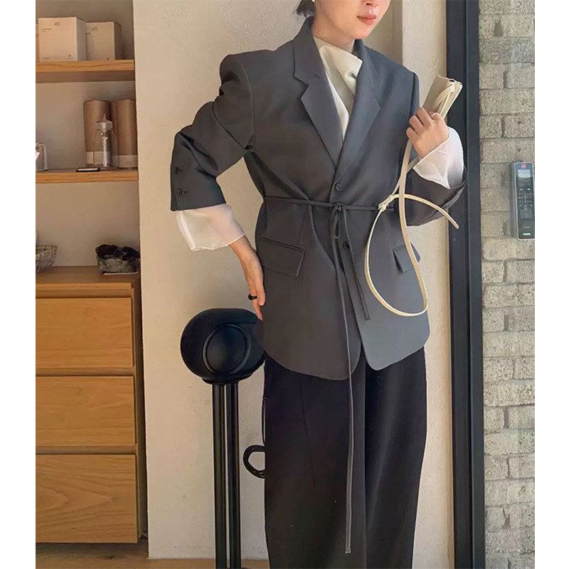 Now~ Korean Ly*M 2026 Spring New Style Elegant Slim Waist Tie Cuff Light Gauze Splicing Blazer