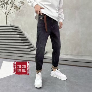 2025冬季新款加绒男士牛仔裤时尚百搭潮流小脚裤男装修身厚长裤子