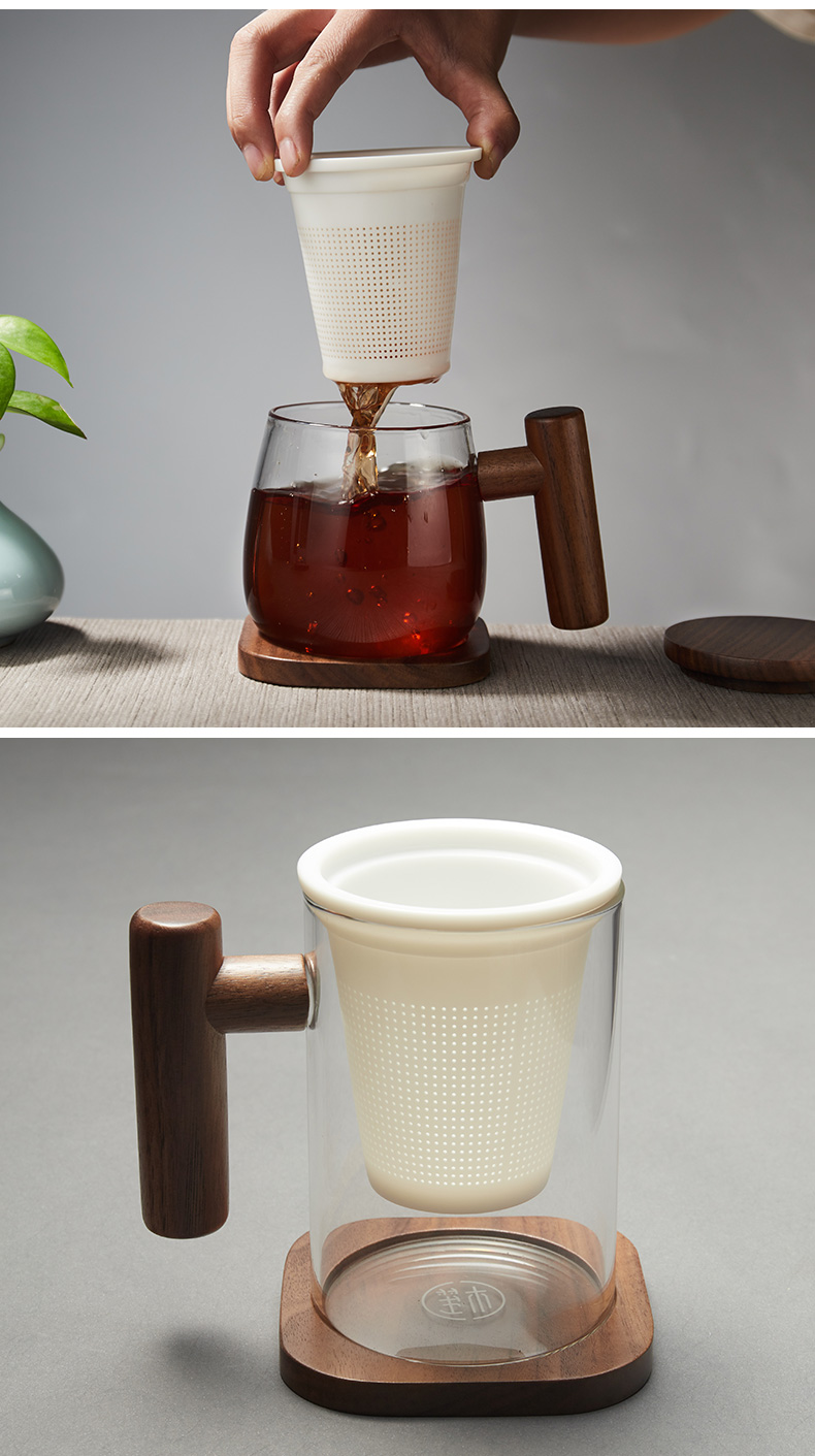 RongShan hall make tea tea glass ceramic separation tank filter with cover keller cup office wood handle