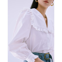 One Vikaka with large lapel long sleeve shirt female wooden ear side doll collar white bubble sleeve solid color shirt