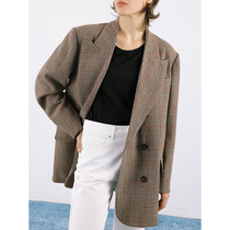 One Wei evewang retro plaid wide shoulder suit autumn plaid double-breasted straight suit casual jacket