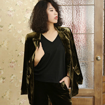 The first Mi Su thin high-end velvet suit Spring retro mid-length over-the-hip casual suit thin jacket