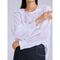 Yiwei cotton heavy hollow lace pullover shirt female autumn cuffs hit Rod JUE beauty one-collar solid color shirt
