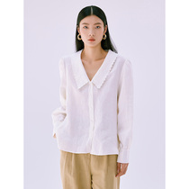 evewang French linen shirt womens summer loose thin cut flower deep V lapel three-point bubble sleeve shirt