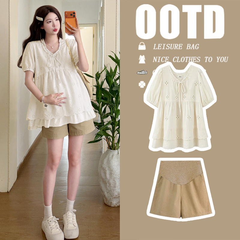 Maternity Wear Summer 2026 New Large Size Sweet Ruffled Short-Sleeved Loose Slimming Babydoll Shirt + Shorts Set Maternity Wear Summer 2026 New Large Size Sweet Ruffled Short-Sleeved Loose Slimming Babydoll Shirt + Shorts Set