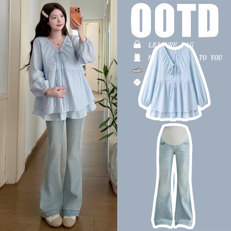 Pregnant Women's Spring Clothing 2026 New Style French Sweet V-Neck Babydoll Top Loose and Fashionable Belly-Covering Stylish Set