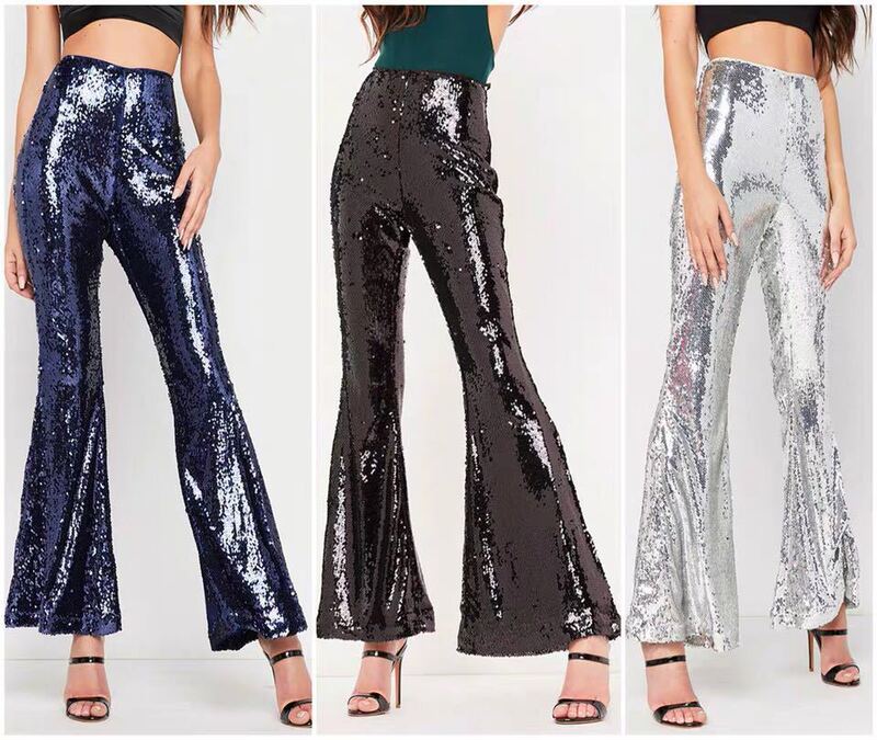 2024 New European and American Style Sexy Photo Shoot Nightclub Women's Slim-Fit Gold and Silver Sequin Flared Stage Pants