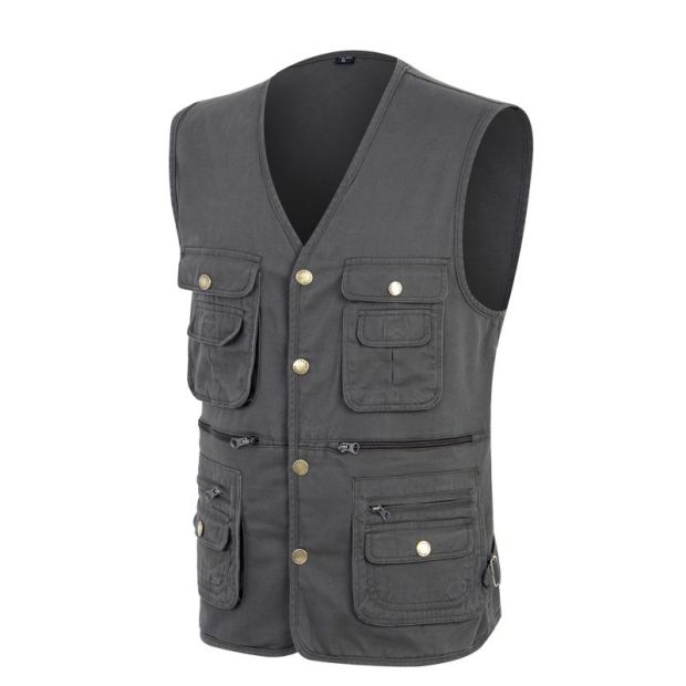 Vest trung niên cotton mùa xuân và mùa thu vest vai nam nhiều túi chụp ảnh cá nam vest vest cỡ lớn các kiểu áo ghi lê nam