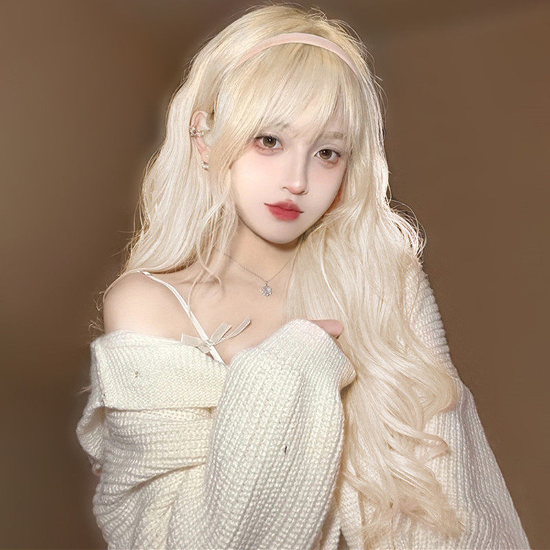 Wig female long hair cos white gold full head set lolita big wave long curly hair fluffy natural wig set