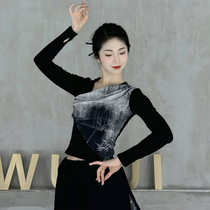 Classical Dance Ink Painting Country Wind Suit Black Dance Blouses Adults Practice Gongfu Clothing Web Yarn Splicing Long Sleeve Art Examiner