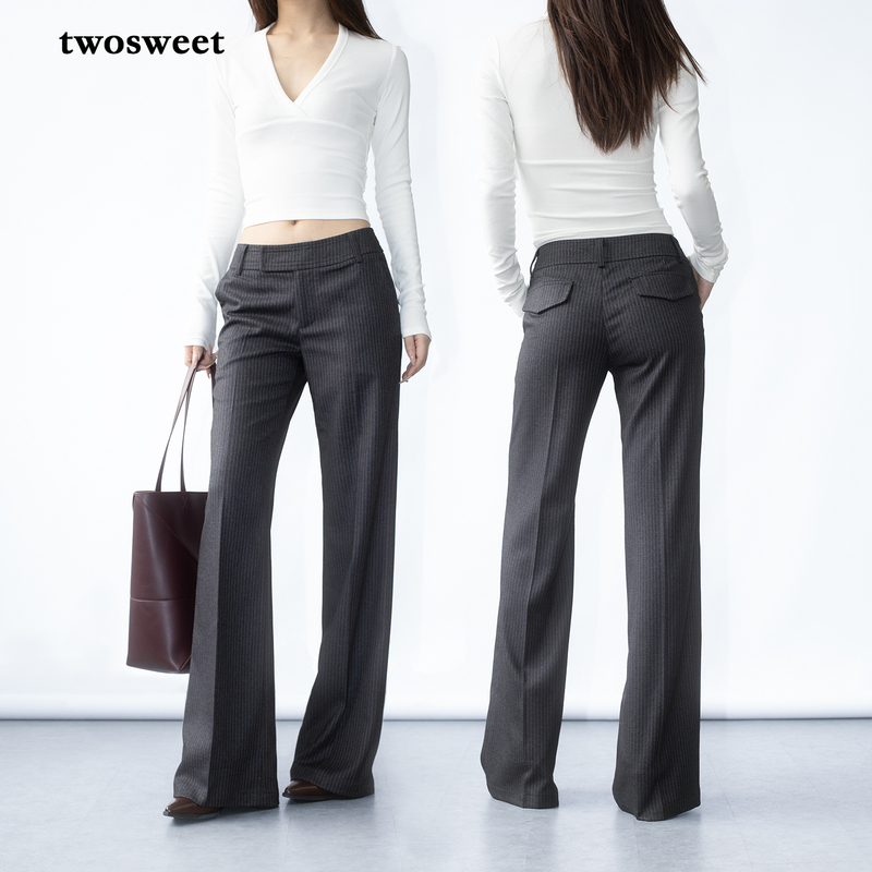 Twosweet Law & Fashionable Beauty/Chic and Intellectual Mid-Low Waist Straight Leg Cigarette Flared Trousers Tr Striped Long Pants