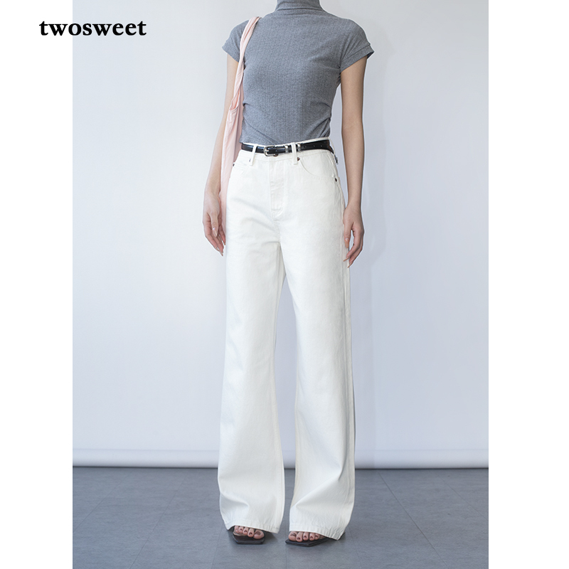 Twosweet【Solid Materials】White Denim Pants Made of Lyocell, Simple High-Waisted Wide-Leg Straight-Leg Structured Trousers