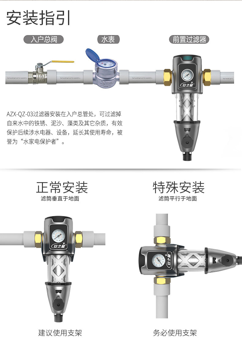 新家必备 安之星 反冲洗前置过滤器 3吨大流量 水压监测 316不锈钢滤芯永不换 图16