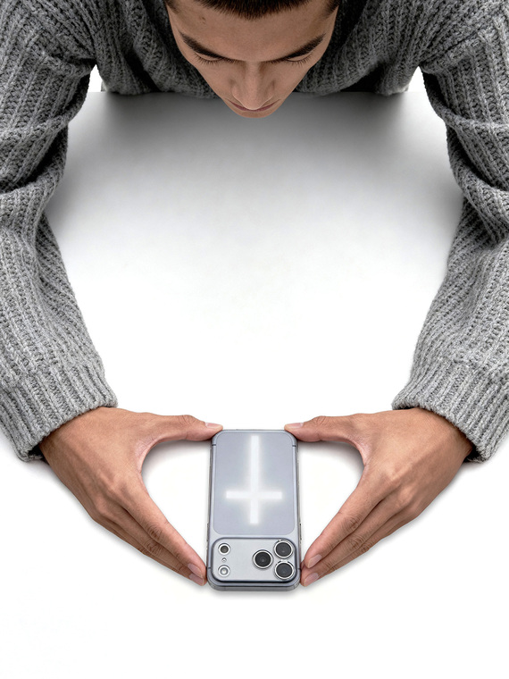 POSTCASE Clear With Luminous White Cross Graphic And Smoky Gray Perimeter – Pro/Plus/Max/Air – 17, 16, 15, 14, 13, 12 iPhone