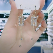 s925 silver needle half circle geometric square tassel earrings womens long diamond-set temperament net red earrings modify face shape