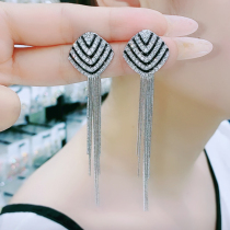 Rhombus Flow Su Earrings Temperament Superior Atmospheric Inlaid Drilling 2021 New Tide Long style Fashion Personality Silver Needle Ear Accessories