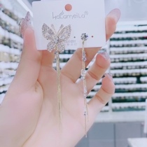 S925 silver needle AB butterfly tassel earrings long Korean temperament net red personality asymmetrical earrings thin