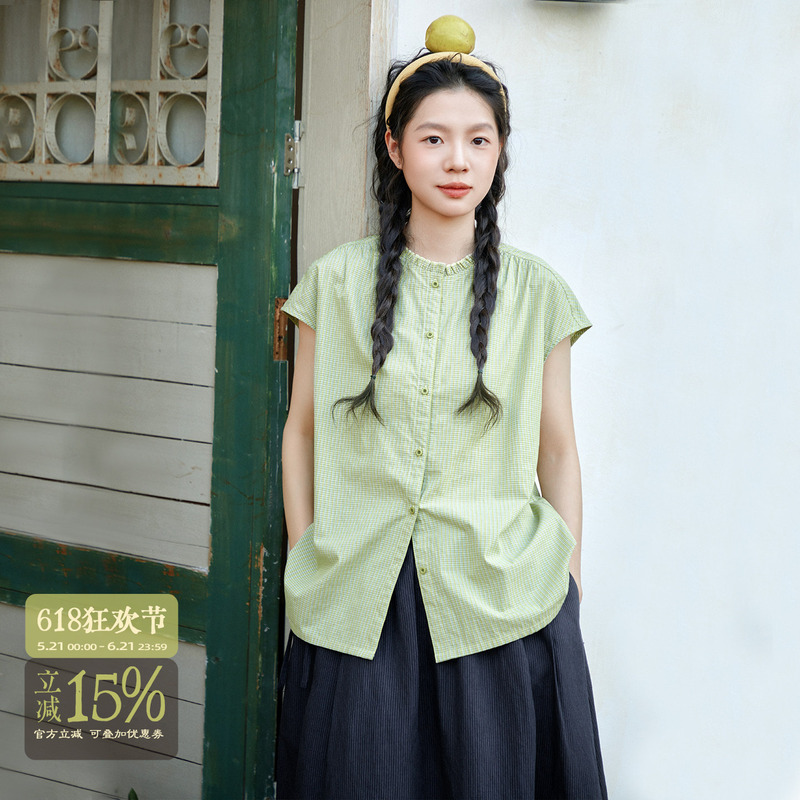 Original Artistic Pure Cotton Green Plaid Shirt for Women, Summer Loose Ruffled Round Neck Shirt, Casual Top Original Artistic Pure Cotton Green Plaid Shirt for Women, Summer Loose Ruffled Round Neck Shirt, Casual Top