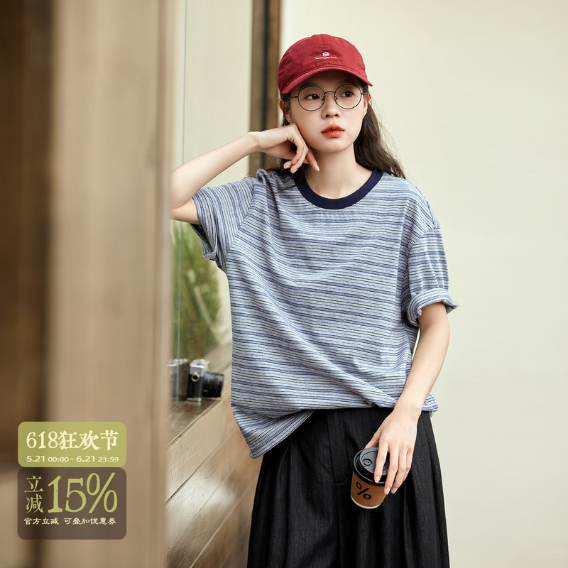 Original Vintage Gray Cotton Striped T-Shirt for Women, Summer Loose Casual Drop Shoulder Round Neck Short Sleeve Top