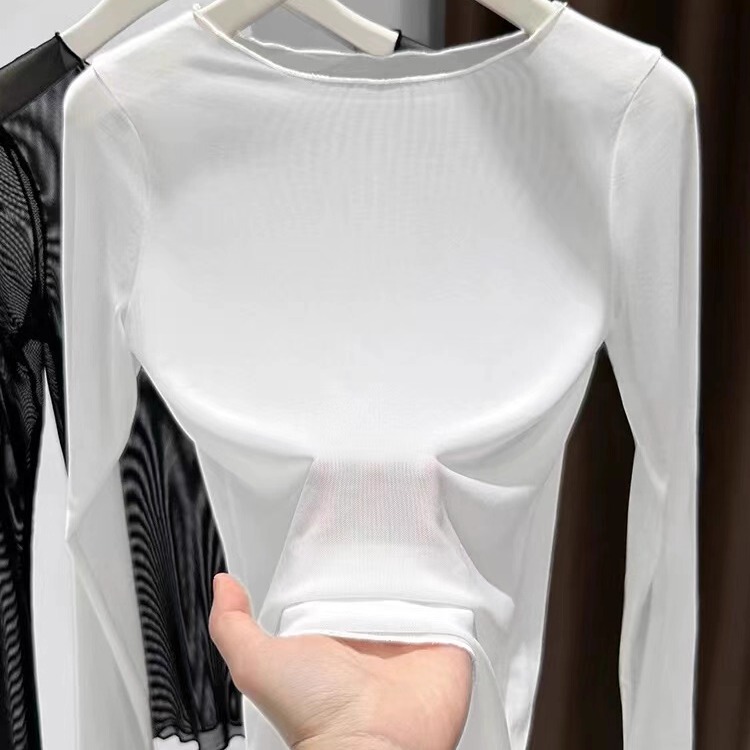 Summer Transparent Thin Mesh Bottoming Shirt Women's Gauze Ultra-Thin See-Through Sun Protection T-Shirt Long-Sleeved Lace Top