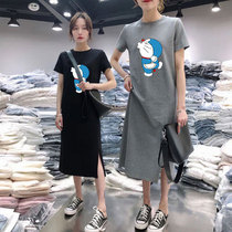 2020 Summer new Doraemon skirt cute cartoon casual long knee T-shirt women wear dress