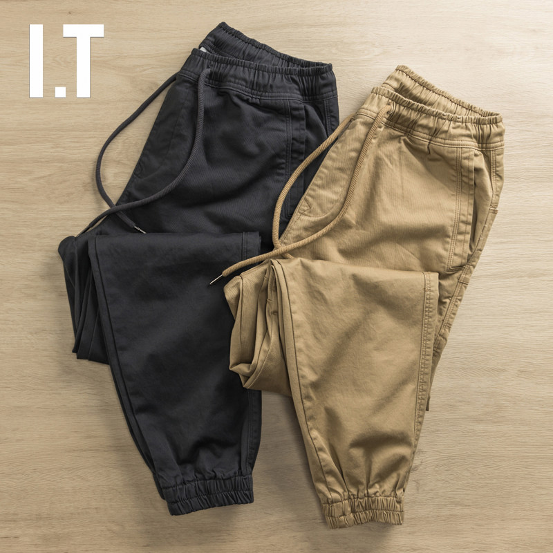 Hong Kong Chauchiao Spring and autumn thick and fixed knit twill with hard and hard wind card with its work style pants drawing rope tightness waist bunches and pants 