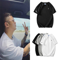  Summer cotton trend short-sleeved t-shirt mens Hong Kong trend brand Yu Wenle wild solid color loose embroidery casual half sleeve
