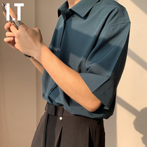 Hong Kong tide brand abstinence system ice silk drop feeling shirt mens summer loose very fairy five-quarter sleeve Hong Kong style short-sleeved shirt
