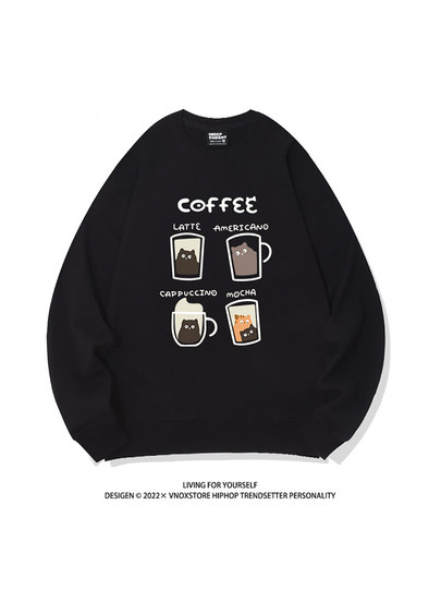 Hong Kong trendiges Marken-Sweatshirt mit Rundhalsausschnitt für Herren, samtverdicktes Kaffee-Print-Nischenhemd aus amerikanischer reiner Baumwolle mit lockerem Paar-Bottom-Shirt