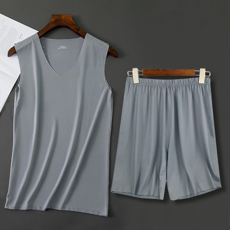 Men's Ice Silk Seamless Pajama Set Striped Tank Top and 5-Point Shorts Two-Piece Summer Casual Home Air-Conditioned Clothing