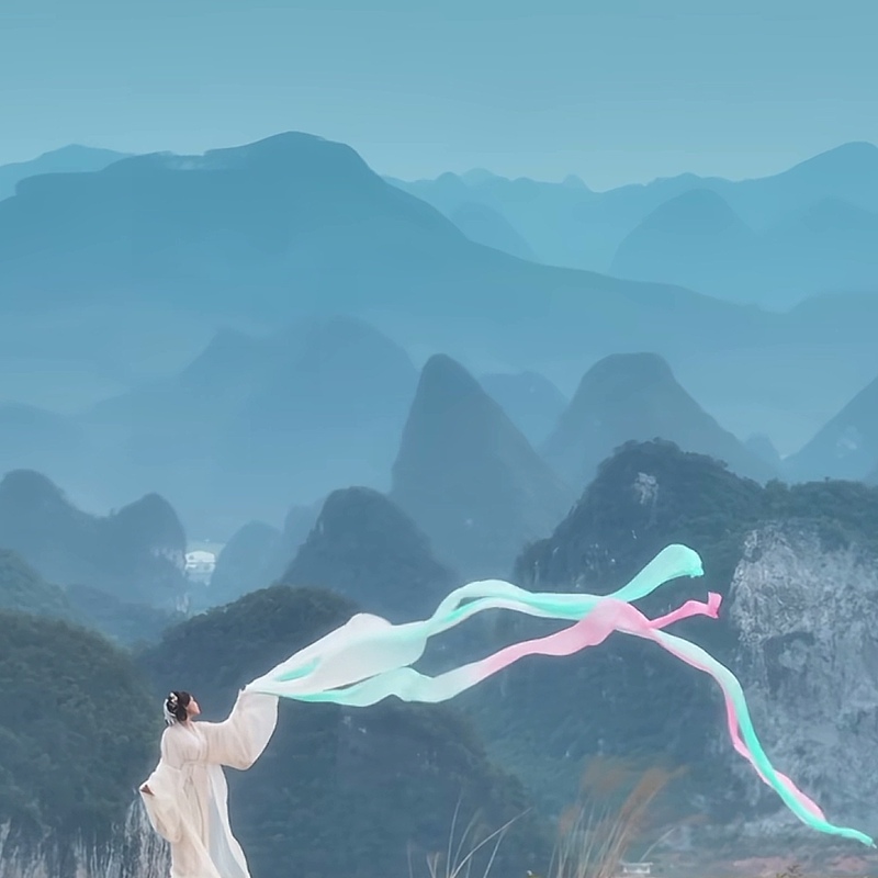 Flying Dance with Colorful Silk, Mint Green Gradient, Dunhuang Dance, Celestial Maiden Scattering Flowers, Streamers, Fluttering Sleeves, Hanfu, Shawl, Long Silk