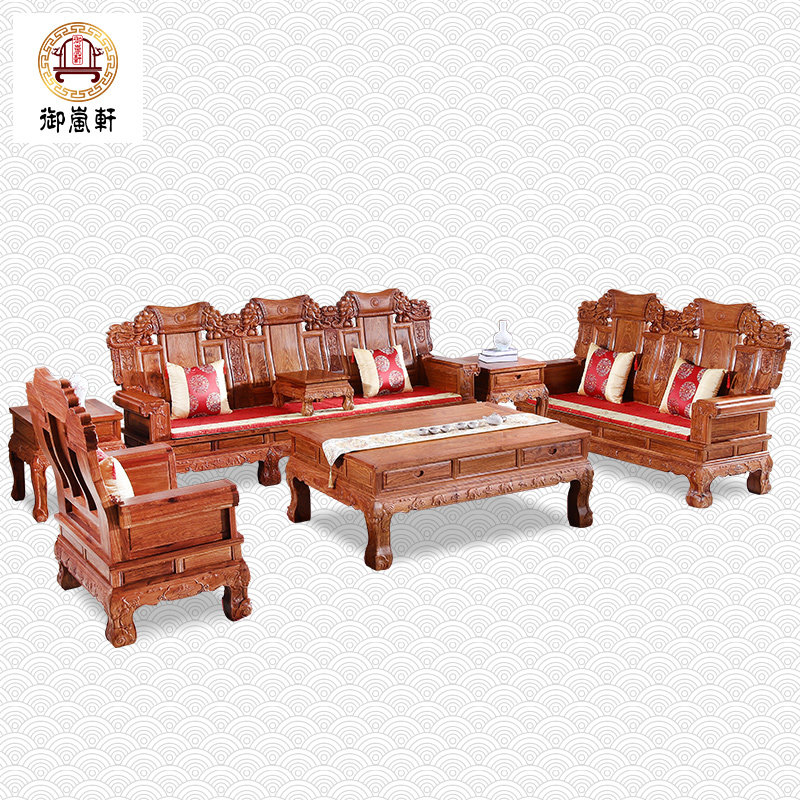 Solid wood sofa African rosewood mahogany hedgehog red sandalwood carved auspicious elephant Ruyi elephant living room combination seat