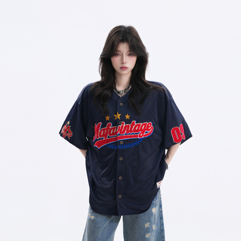 【Sit and Eat and the Mountain Will Empty】Street Retro Hip-Hop Style Flocked Striped Baseball Collar Short-Sleeved Shirt Summer Couple T-Shirt