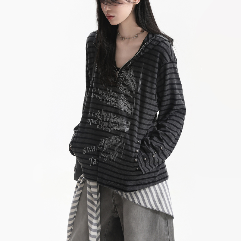 【Sit and Eat and the Mountain Will Empty】American Street Style Personalized Slogan Print Hooded Striped Sweatshirt for Women, Subculture Slim Fit Jacket 【Sit and Eat and the Mountain Will Empty】American Street Style Personalized Slogan Print Hooded Striped Sweatshirt for Women, Subculture Slim Fit Jacket