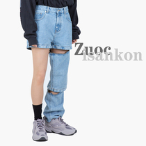  (Sitting and eating mountain air)Korean ins zipper retro straight loose shorts spliced removable jeans trousers