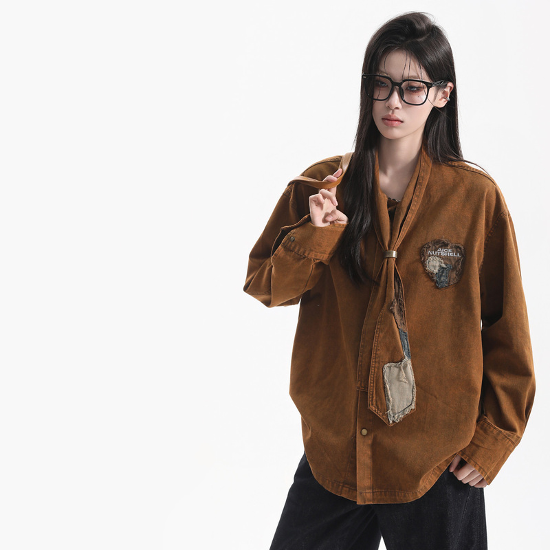 【Waste of Time】Autumn Melard Design Patch Tie Washed Denim Shirt Couple Cardigan Jacket