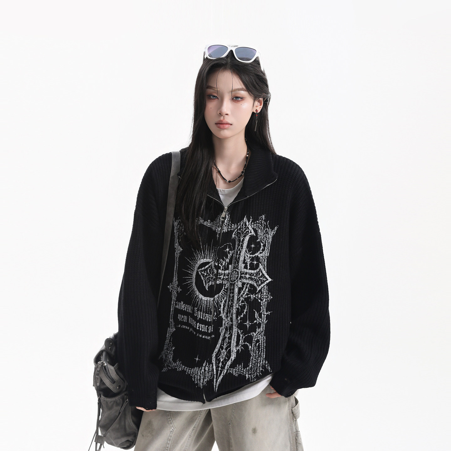 [Living off one's savings] American Dark Minimalist Style Cross Print Sweater Cardigan for Women, Subculture Knitwear