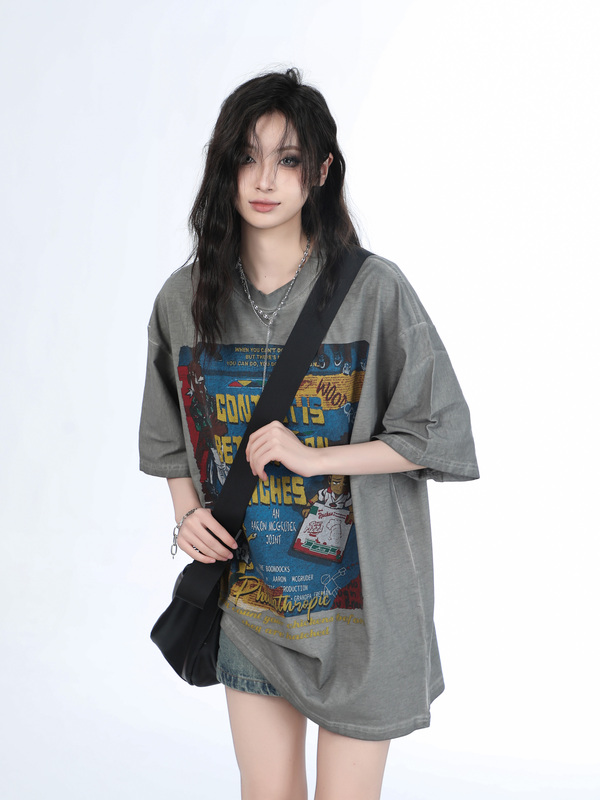 【Waste of Time】American High Street Style Heavy-Duty Washed Vintage Gray Short-Sleeve T-Shirt for Women, Loose Fit Summer Top, Trendy 【Waste of Time】American High Street Style Heavy-Duty Washed Vintage Gray Short-Sleeve T-Shirt for Women, Loose Fit Summer Top, Trendy