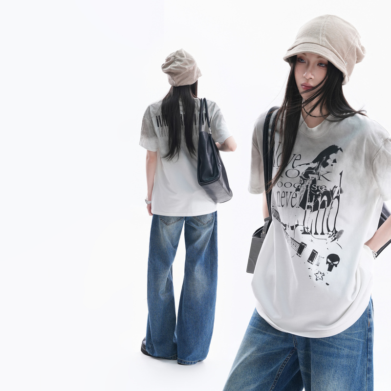 【Sit and Eat and the Mountains Will Empty】Subculture Tie-Dye Personalized Print Short-Sleeve Summer Light Asian Style Design Heavyweight Half-Sleeve Shirt