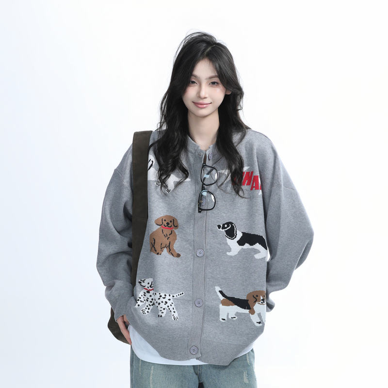 【Sitting and Eating Will Make You Poor】American Retro Fun Cartoon Dog Embroidered Knitted Cardigan Jacket for Women, Lazy Style Sweater 【Sitting and Eating Will Make You Poor】American Retro Fun Cartoon Dog Embroidered Knitted Cardigan Jacket for Women, Lazy Style Sweater